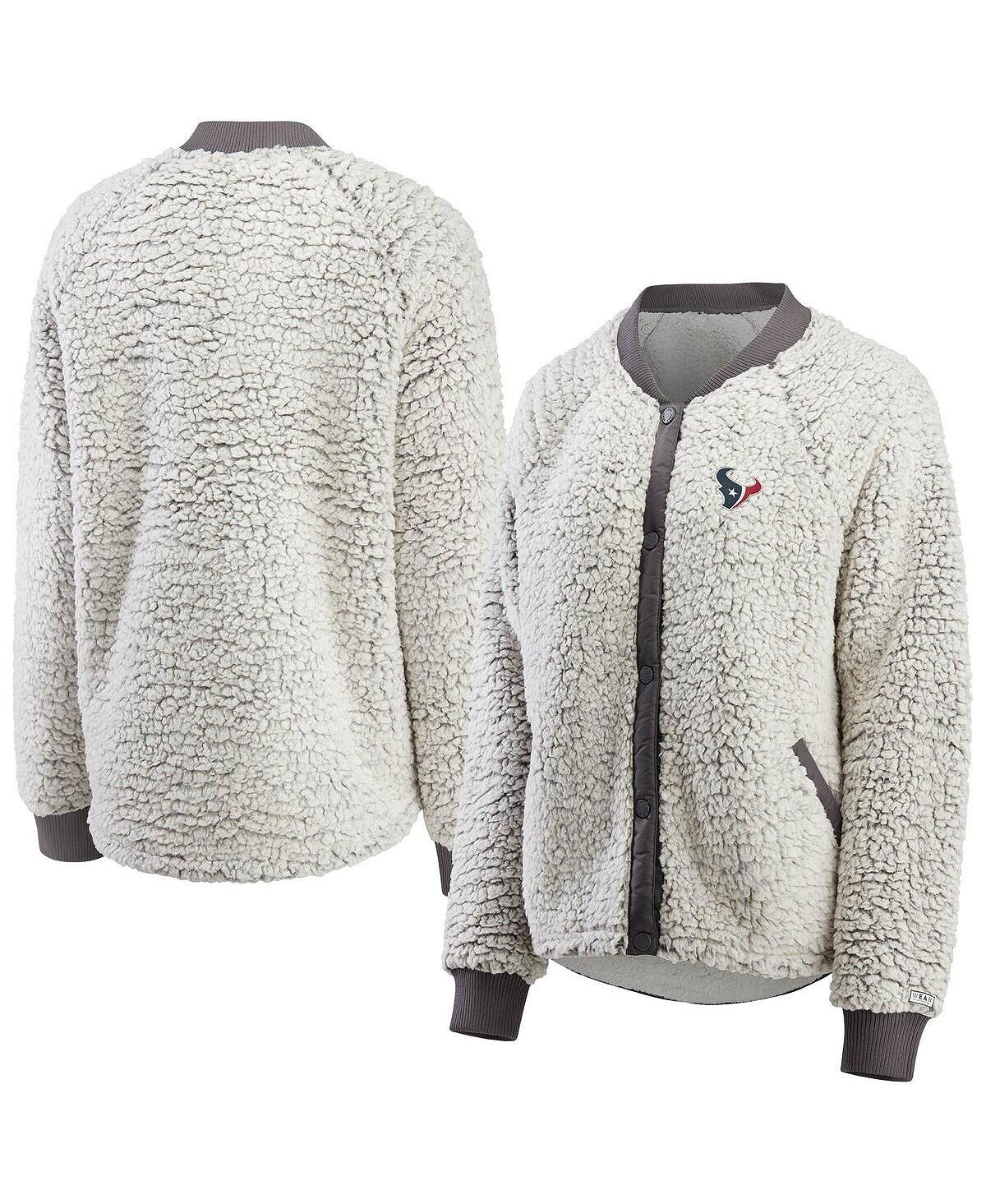 

Женская серая куртка-бомбер с застежкой на пуговицы Houston Texans Sherpa Raglan серого цвета WEAR by Erin Andrews