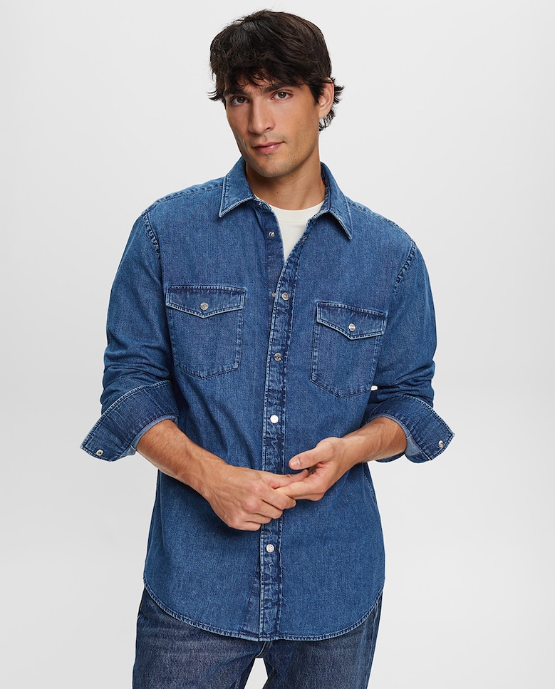 Мужская базовая джинсовая рубашка из хлопка Esprit, синий мужская базовая рубашка оксфорд из хлопка esprit белый