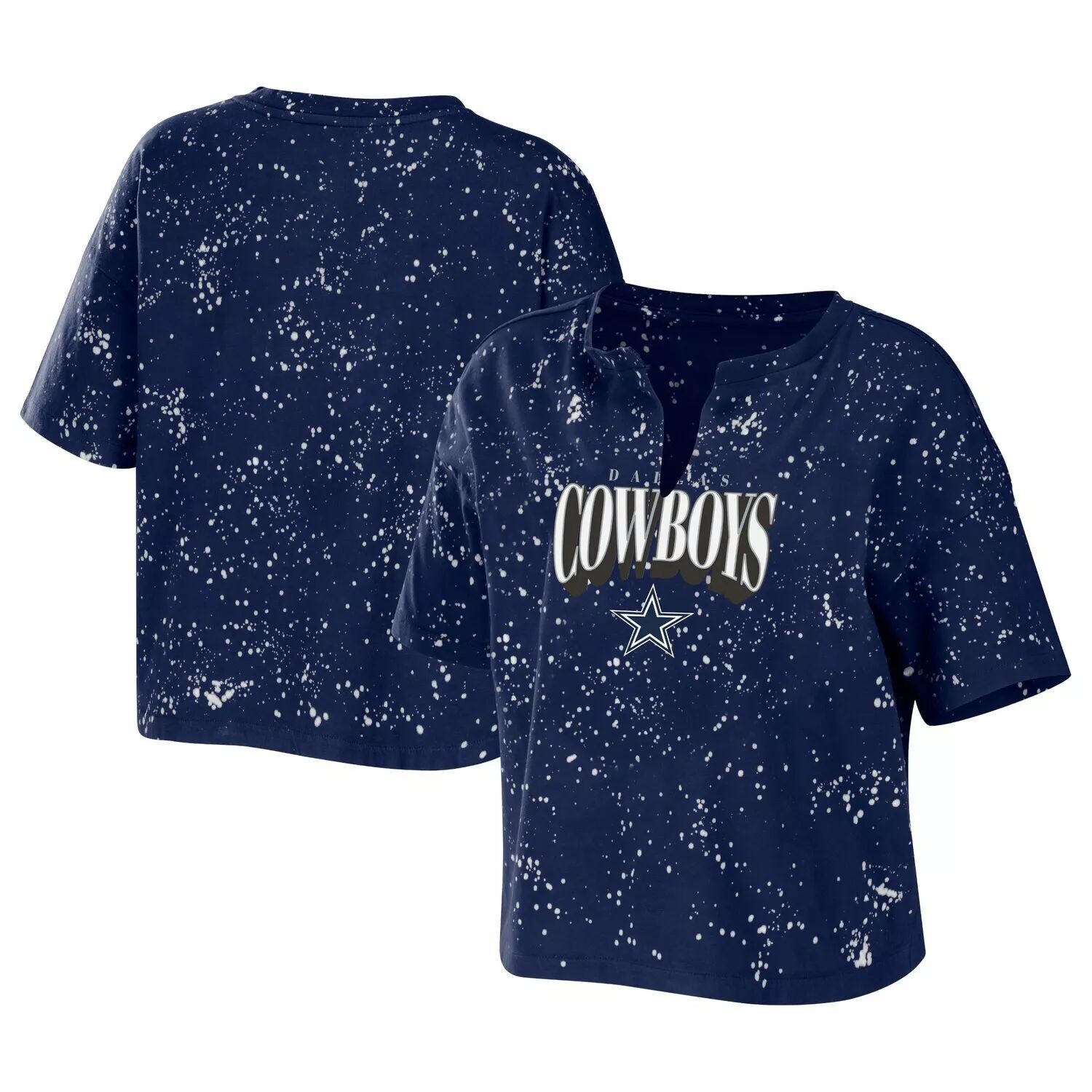 

Женская укороченная футболка темно-синего цвета с надписью Erin Andrews Dallas Cowboys Bleach Wash Splatter Notch Neck, Синий
