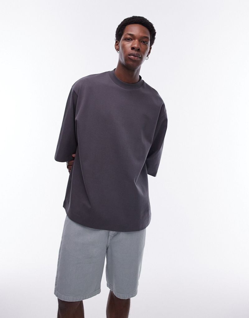

Темно-серая футболка оверсайз с короткими рукавами премиум-класса Topman