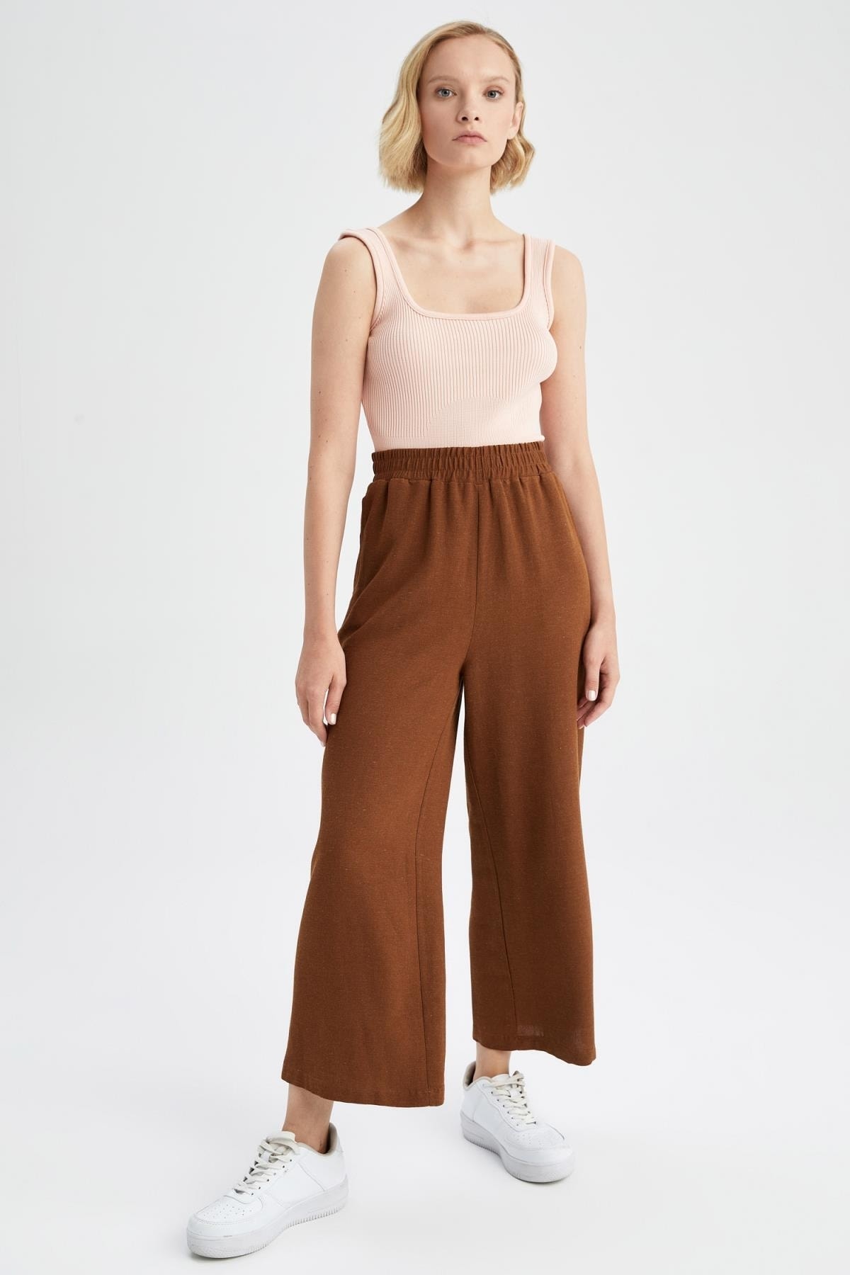 Льняные брюки прямого кроя с широкими штанинами DeFacto, коричневый