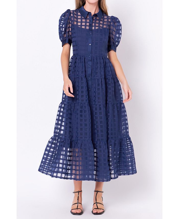 Женское многоярусное платье макси из органзы в сетку English Factory, синий женское платье макси с коротким рукавом фонариком круглым вырезом и оборками