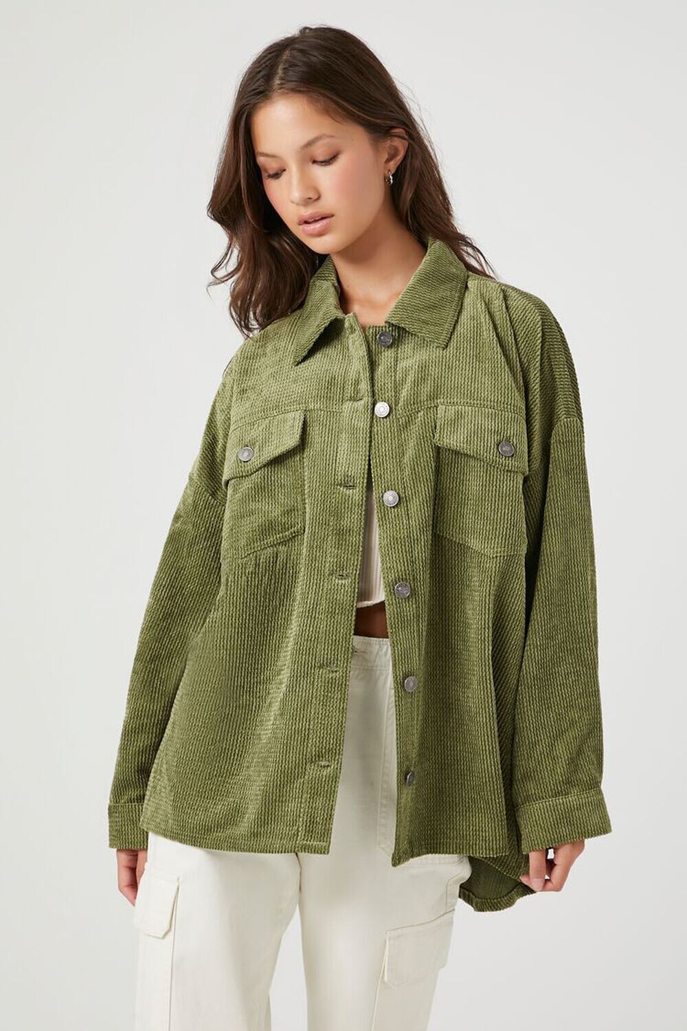 

Вельветовая куртка с заниженными плечами Forever 21, оливковый, Зеленый