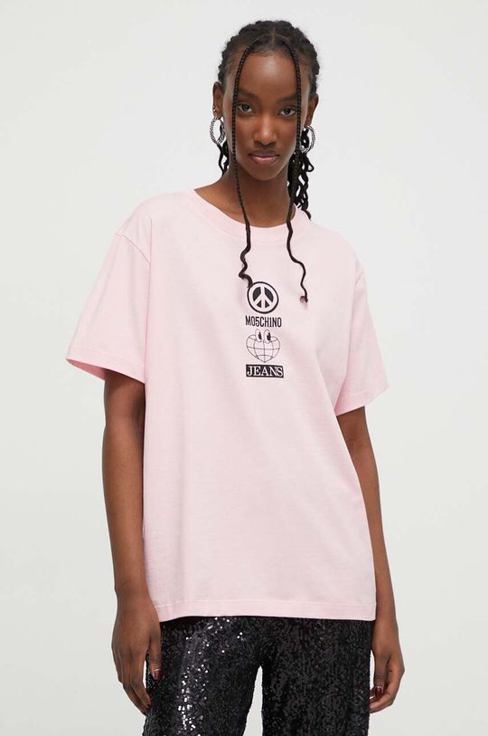 Хлопковая футболка Moschino Jeans, розовый