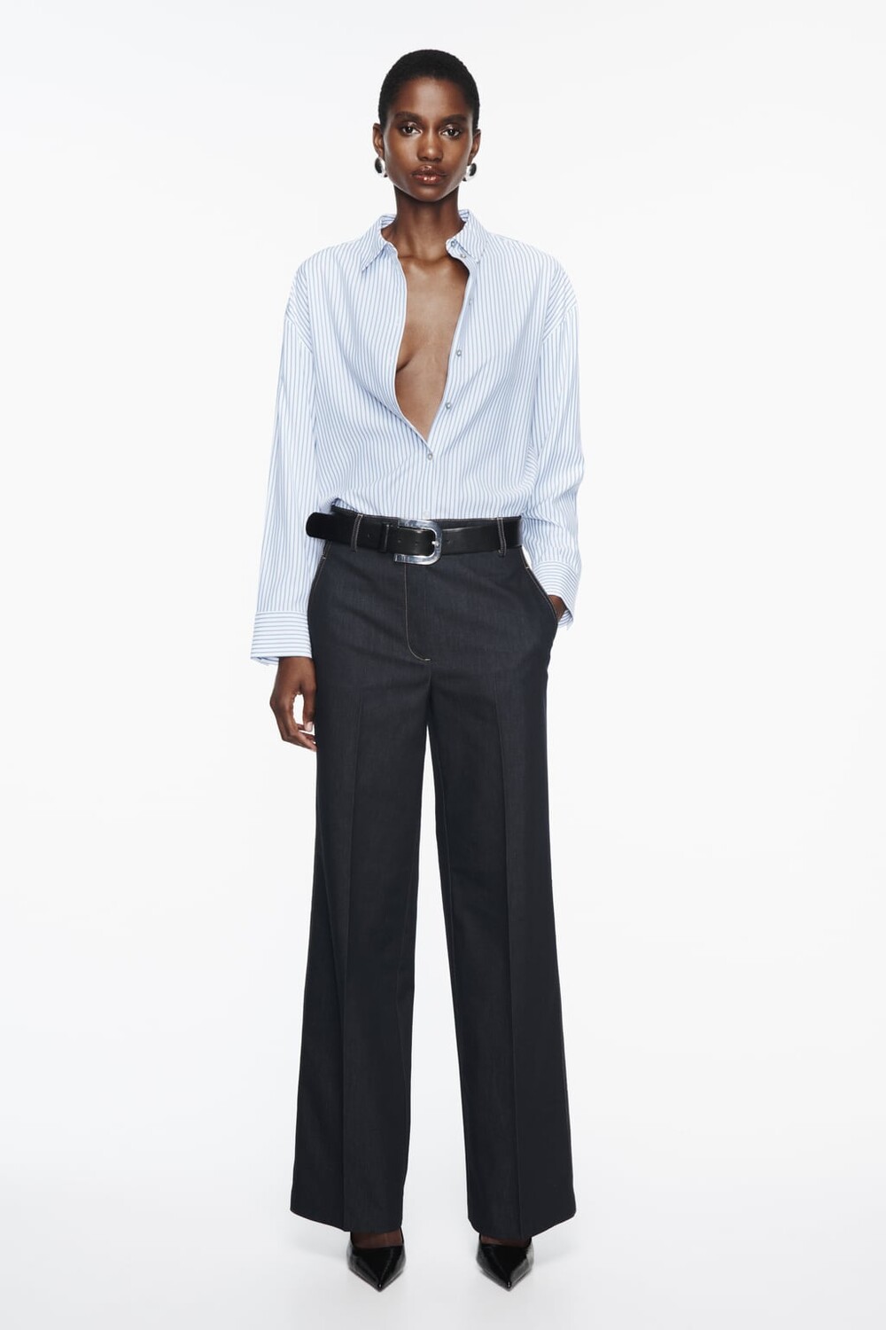 

Полосатая рубашка оверсайз ZARA, синий