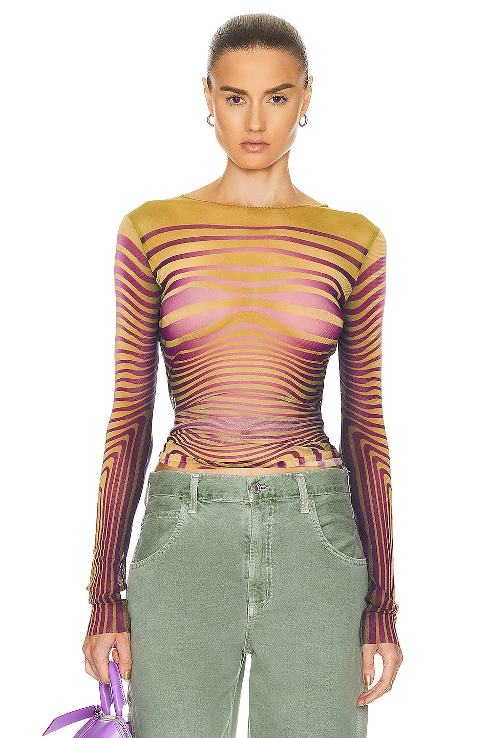 

Топ Jean Paul Gaultier Printed Morphing Stripes Long Sleeve, цвет Green & Purple