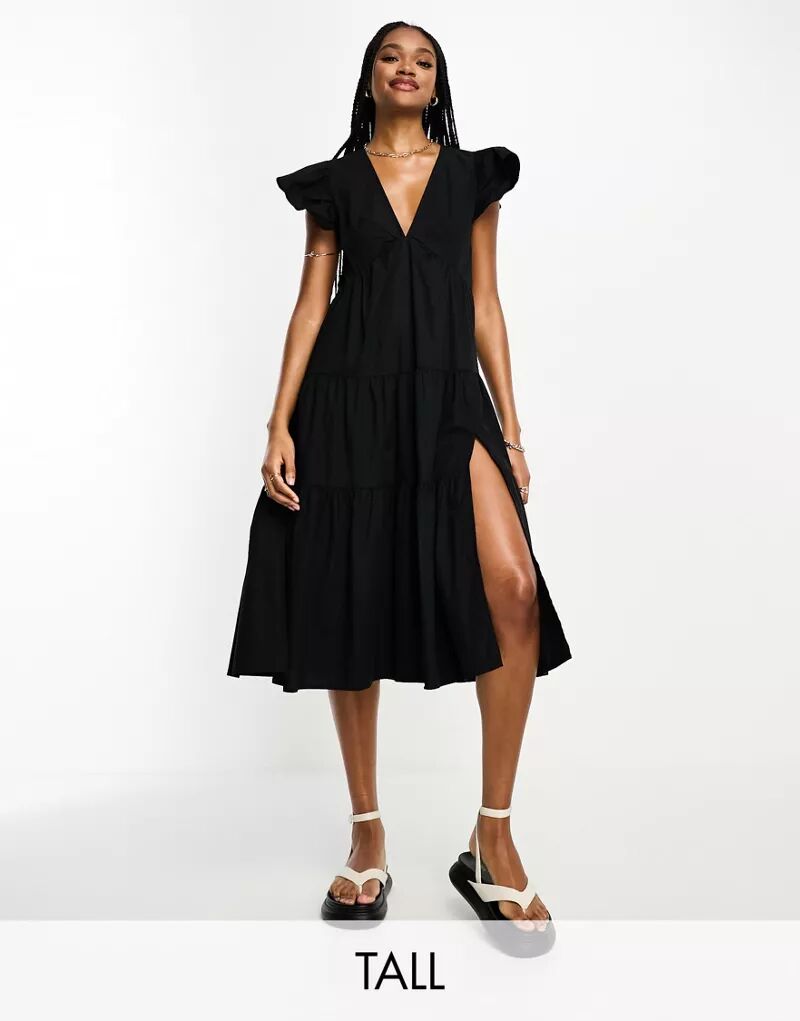 Черное платье миди с рюшами на рукавах Vero Moda