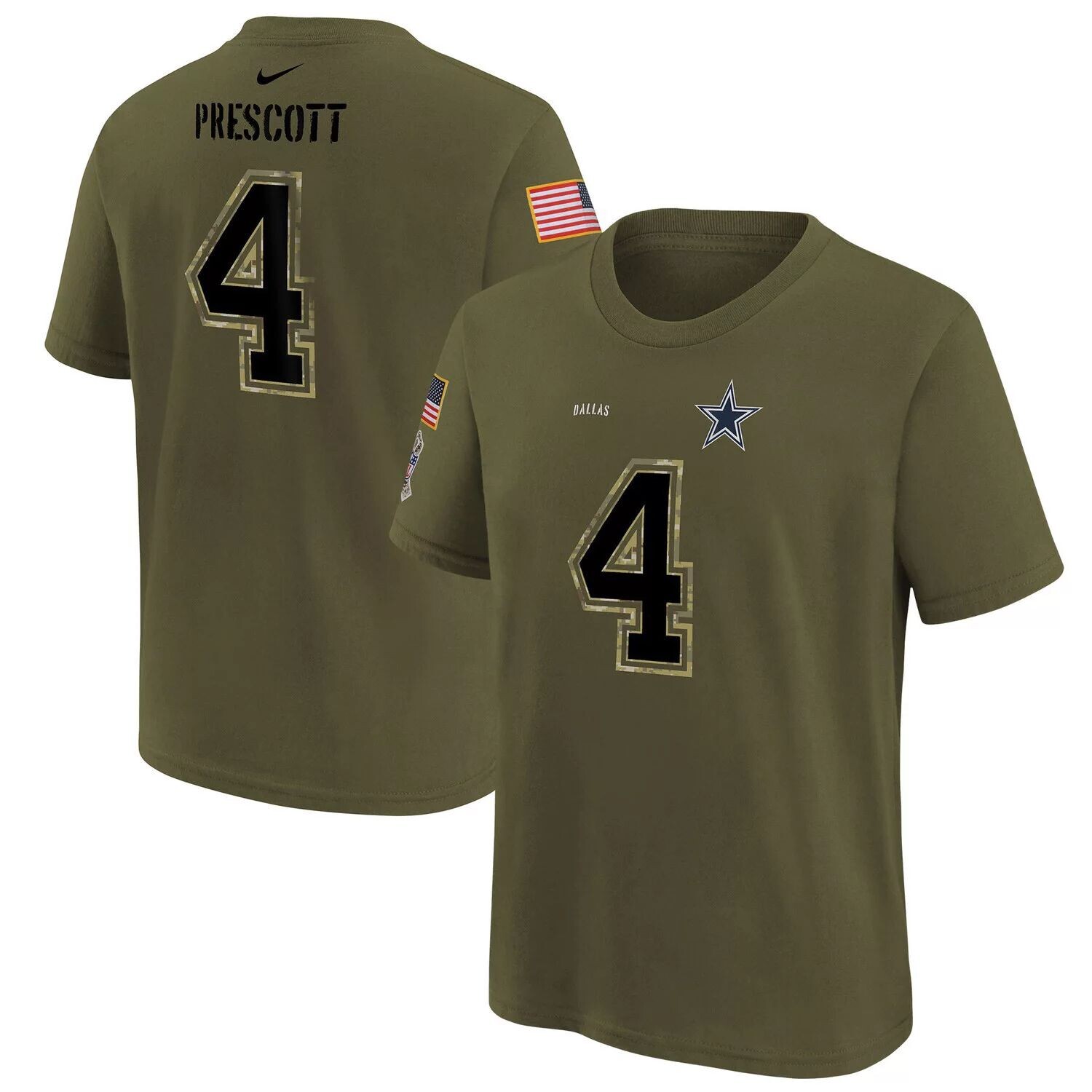

Молодежная футболка Nike Dak Prescott Olive Dallas Cowboys 2022 Salute To Service с именем и номером Nike