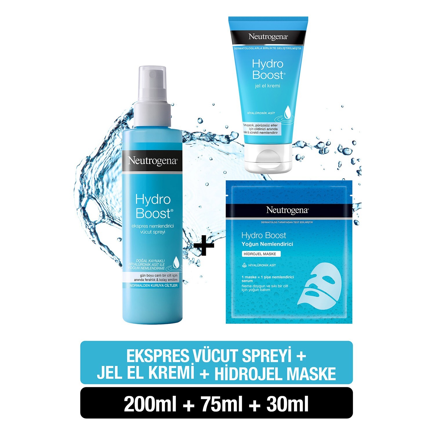 

Увлажняющий спрей Neutrogena Hydro Boost для тела + Гидрогелевая маска Neutrogena + Крем Neutrogena для рук