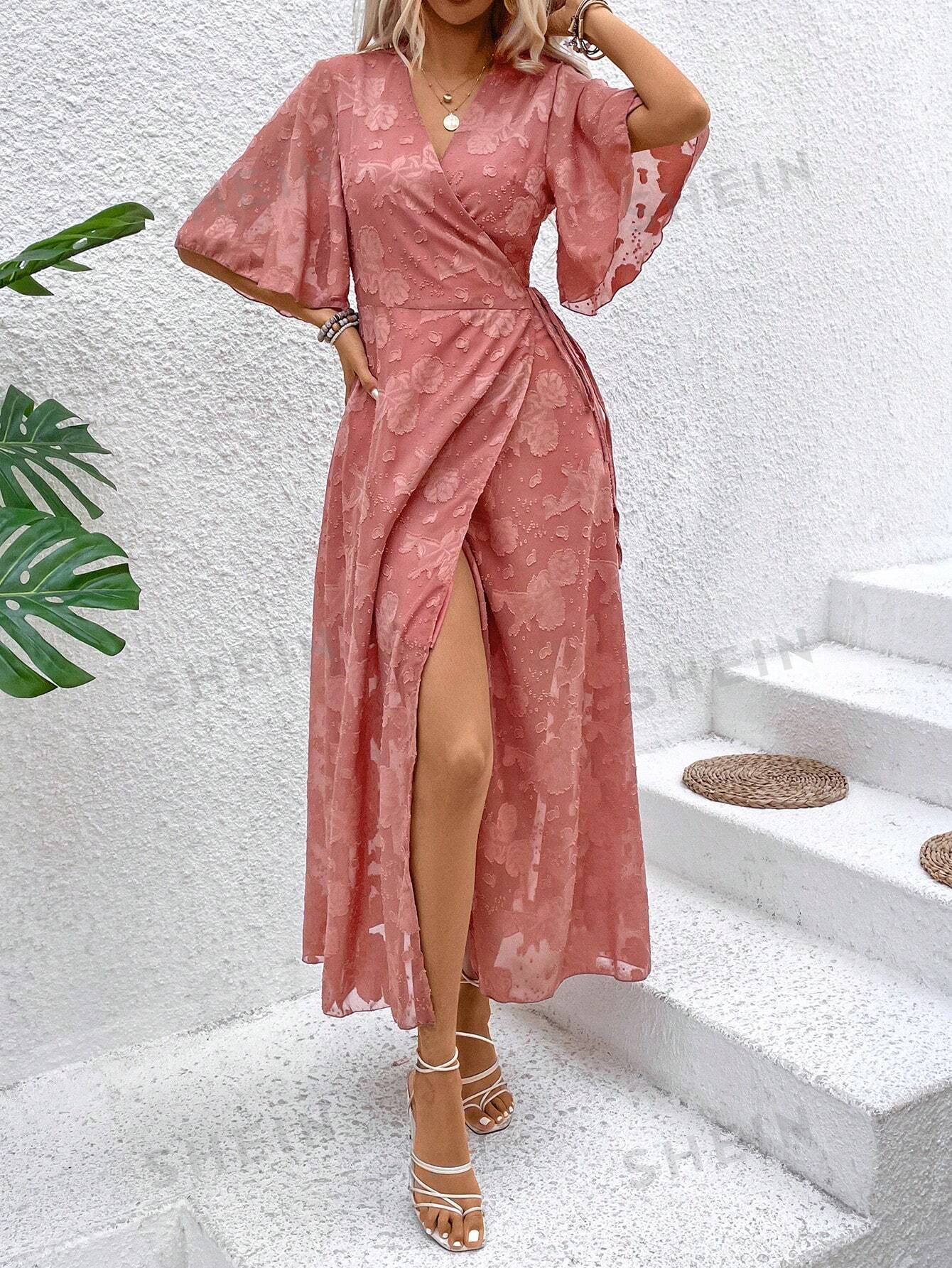 Женское жаккардовое платье с запахом спереди, розовый платье с запахом и воланами h