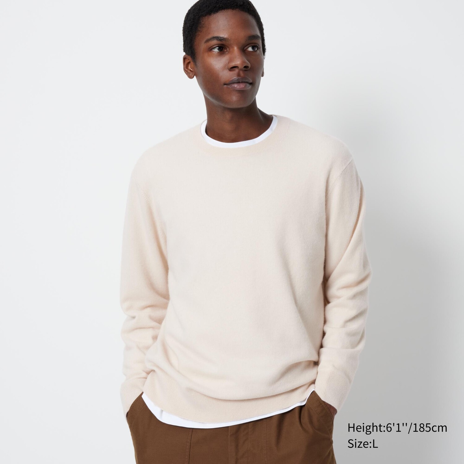 

Свитер Uniqlo мужской из кашемира с круглым вырезом, слоновая кость, Бежевый;серый
