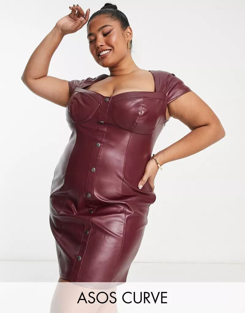 

Бордовое кожаное платье мини с корсетом ASOS DESIGN Curve