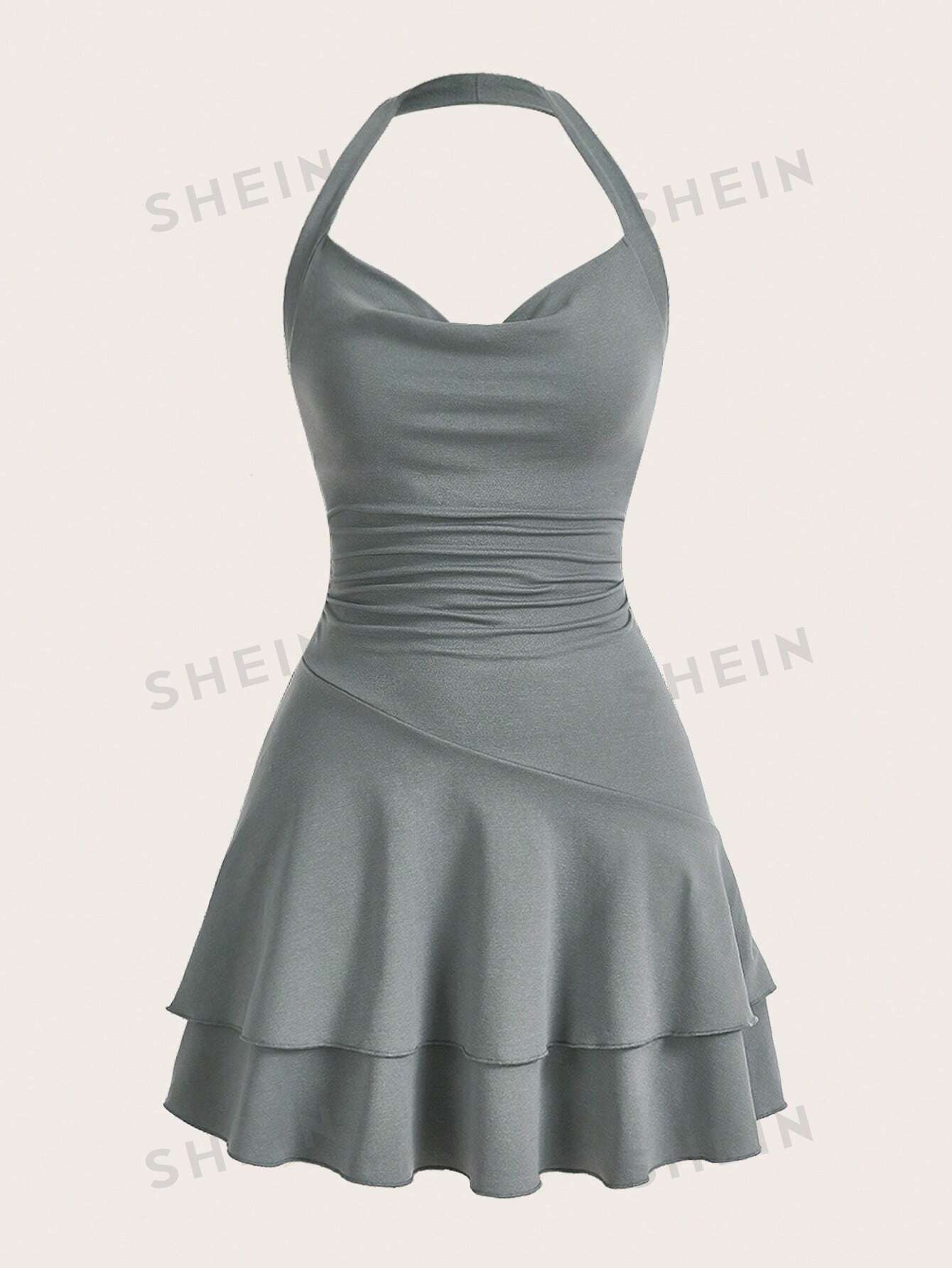 shein mod однотонное платье с гофрированной спиной и расклешенным подолом синий SHEIN MOD однотонное женское платье с бретелькой на шее и многослойным подолом, серый