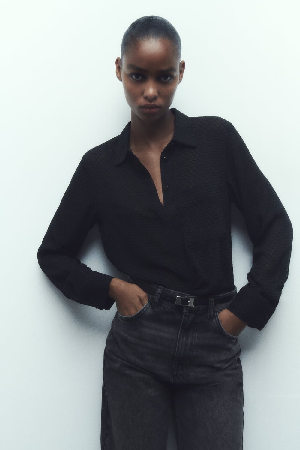 

Полупрозрачная комбинированная рубашка с фактурой ZARA, черный