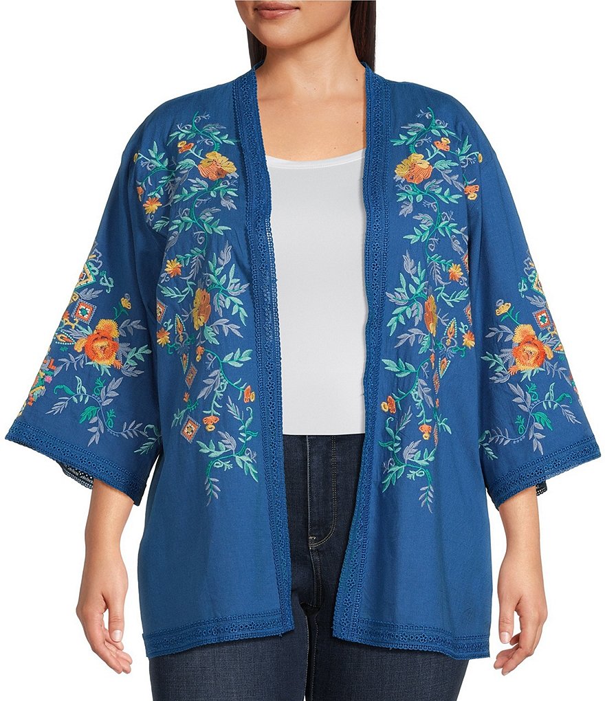 цена Calessa Кардиган-кимоно больших размеров с вышивкой и кружевной отделкой, длинными рукавами и открытым передом, цветочный