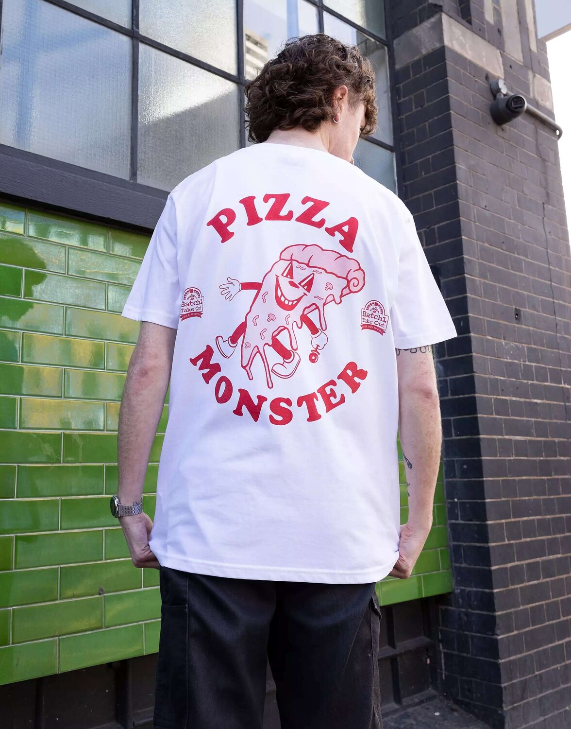 

Белая футболка унисекс в стиле ретро с рисунком Pizza Monster Batch1, Белый