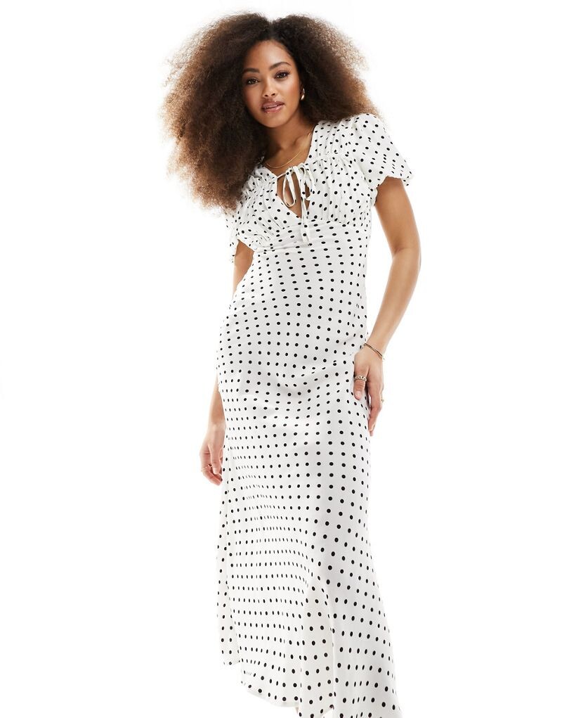 

Белое платье миди со сборками и завязками ASOS DESIGN