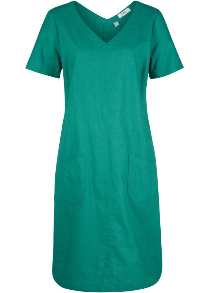 Тканое платье длиной до колена с льном v-образным вырезом и полурукавами Bpc Bonprix Collection, зеленый брюки детские размер 98 56 зеленый