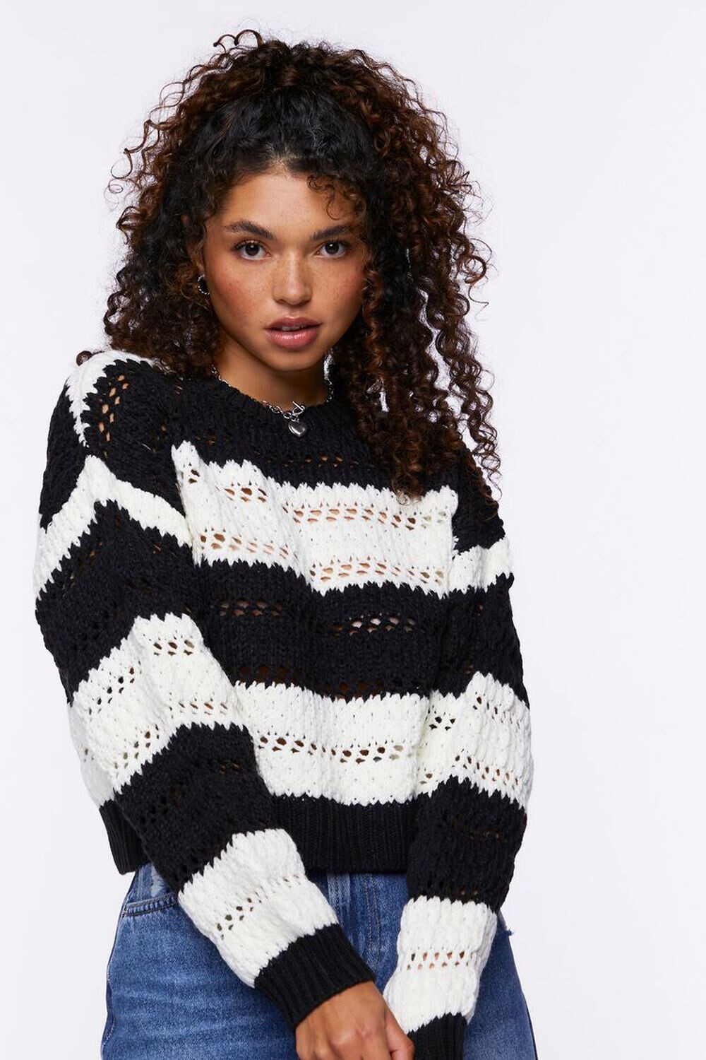 

Полосатый свитер открытой вязки Forever 21, черный
