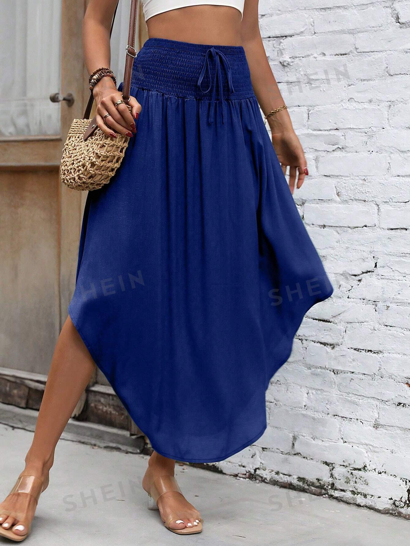 цена SHEIN VCAY Женская плиссированная юбка миди с завязкой на талии, темно-синий