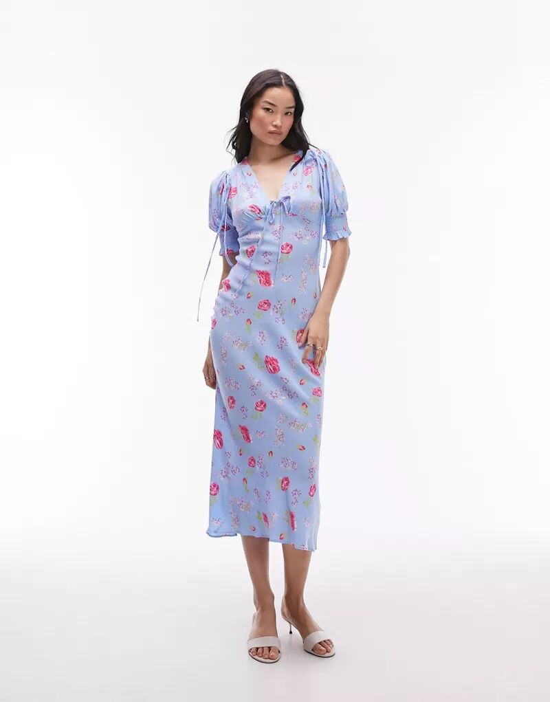 Платье миди с винтажным цветочным принтом и завязками Topshop