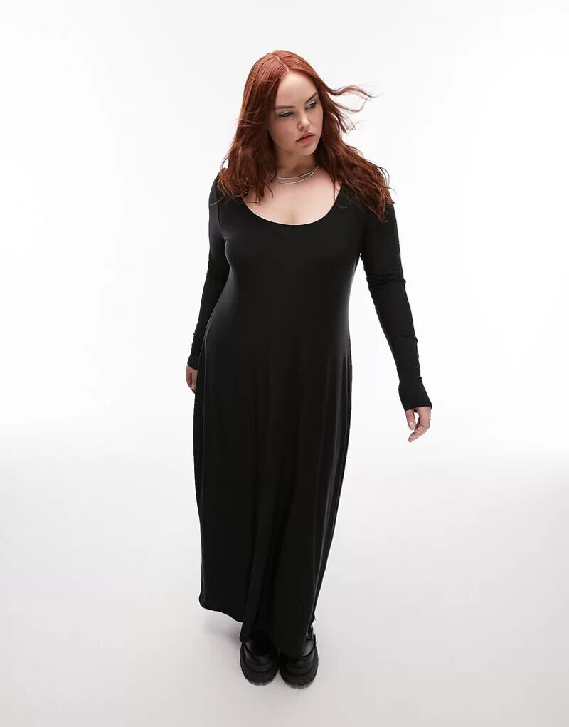 

Черное моделирующее платье миди с длинными рукавами Topshop Curve, очень мягкое качество