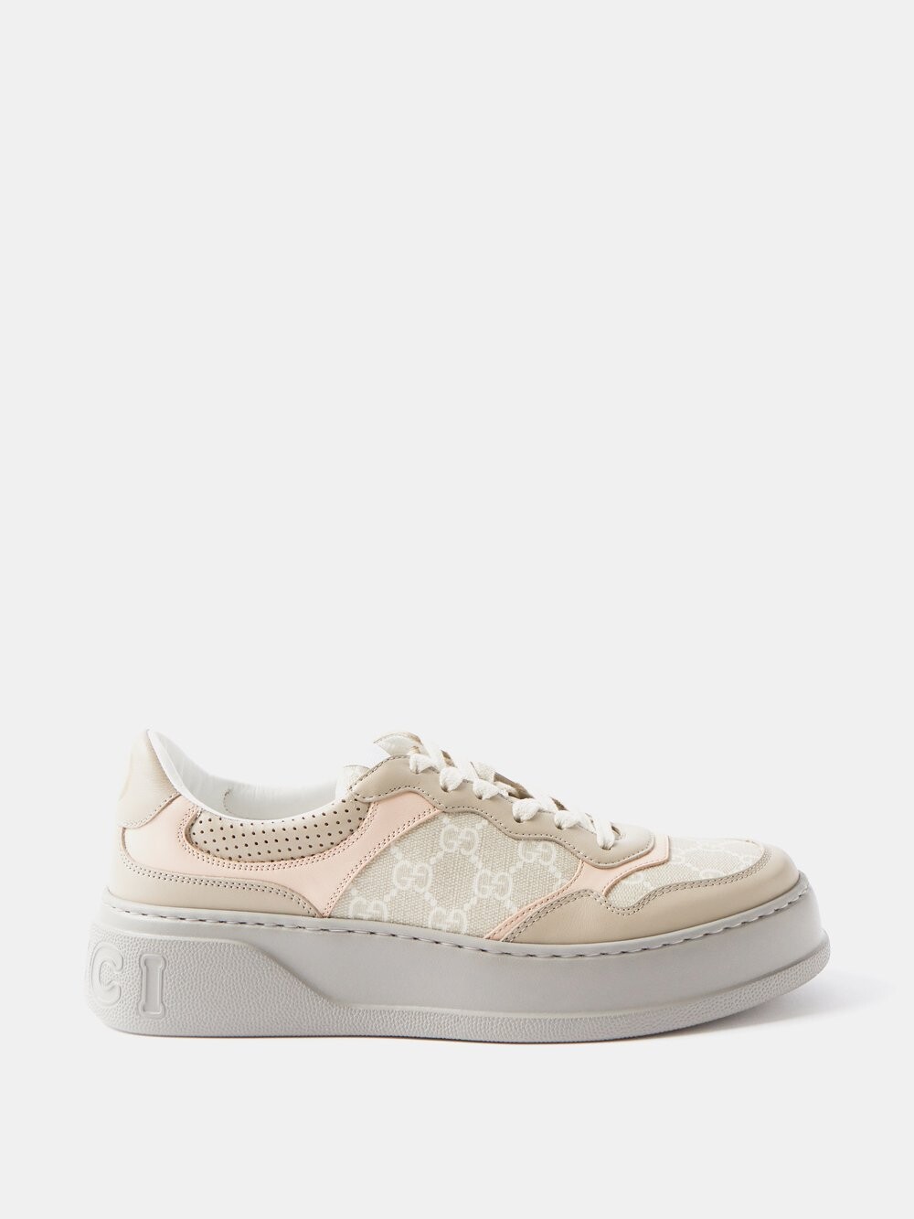 

Кроссовки на плоской платформе из ткани и кожи с узором gg Gucci, бежевый