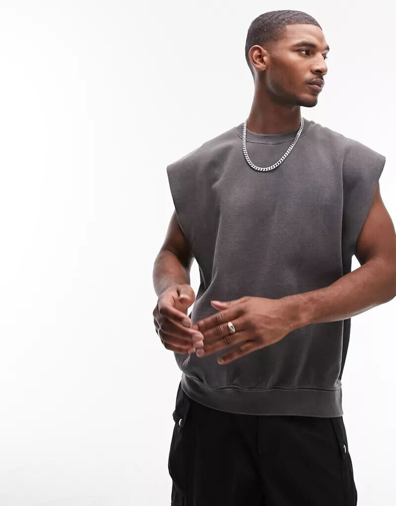 

Черная толстовка оверсайз с отрезанными рукавами Topman