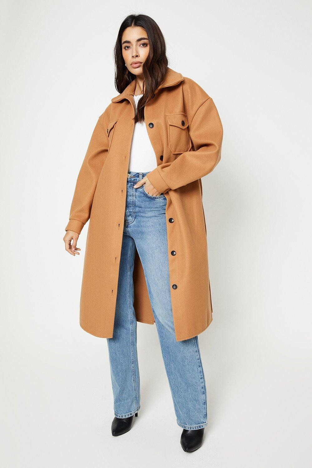 

Шерстяная рубашка миди с завязкой на талии Dorothy Perkins, бежевый