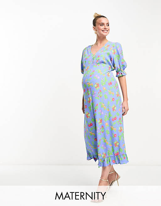 

Синее платье миди с пышными рукавами Nothing's Child Maternity Delilah, Синий