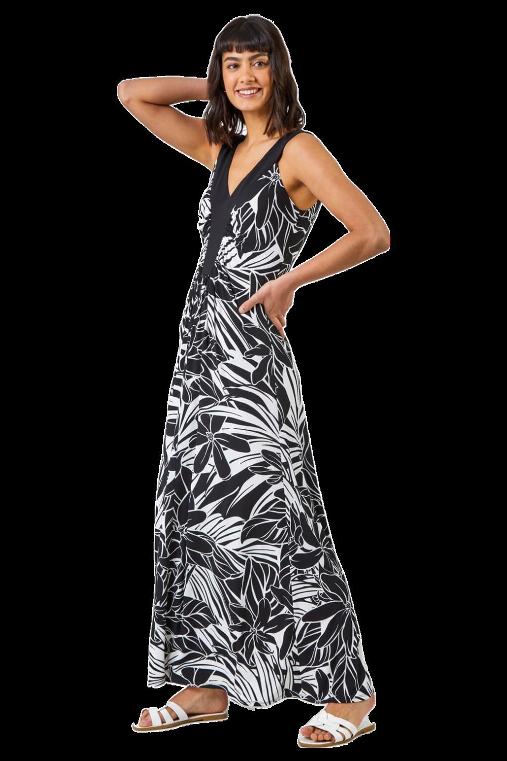 Платье макси с цветочным принтом и контрастной полосой Roman, черный