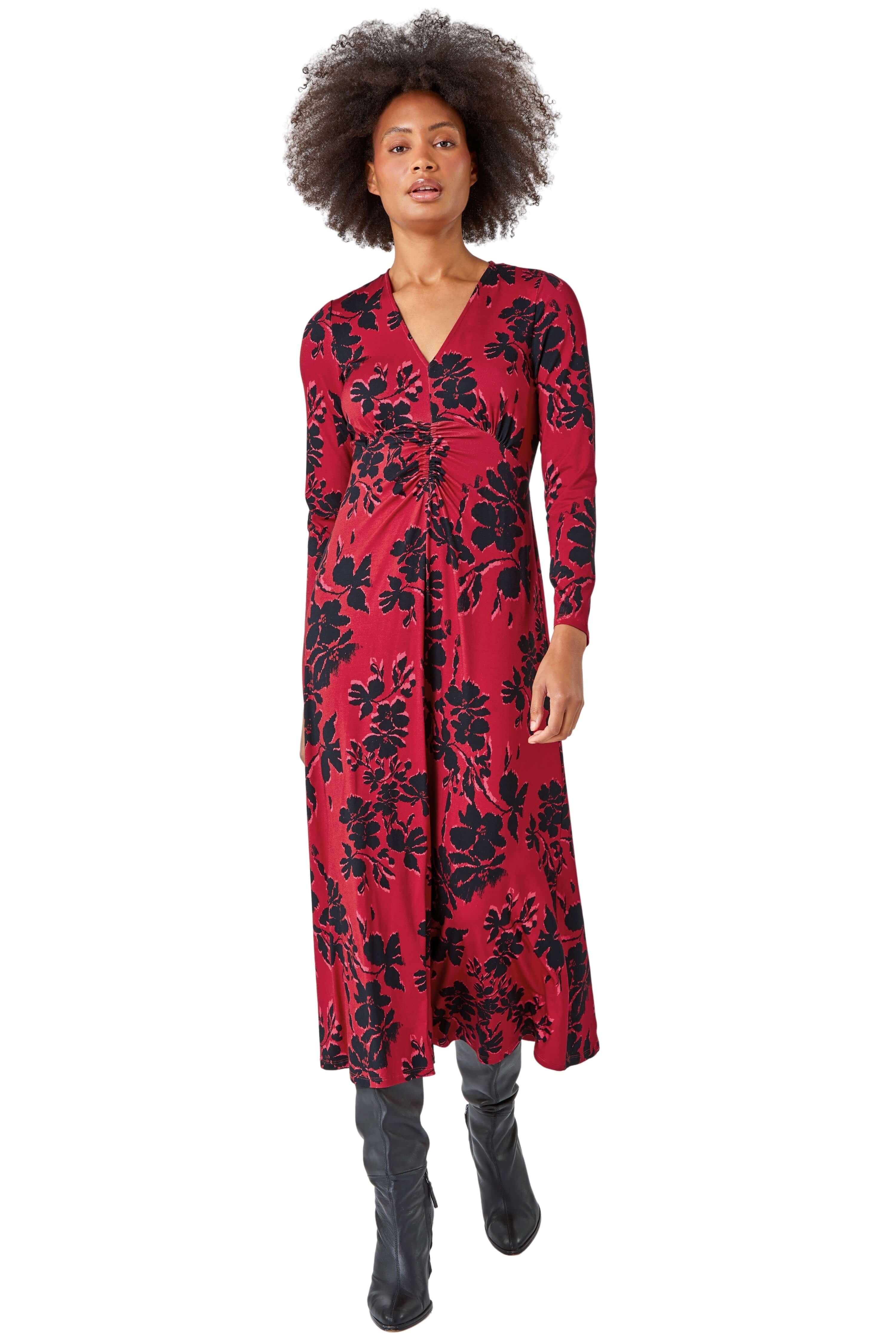 Эластичное платье миди со складками и цветочным принтом Dusk, красный