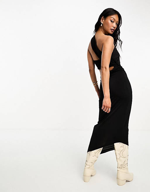 

Черное летнее платье миди с вырезом на одно плечо ASOS DESIGN, Черный