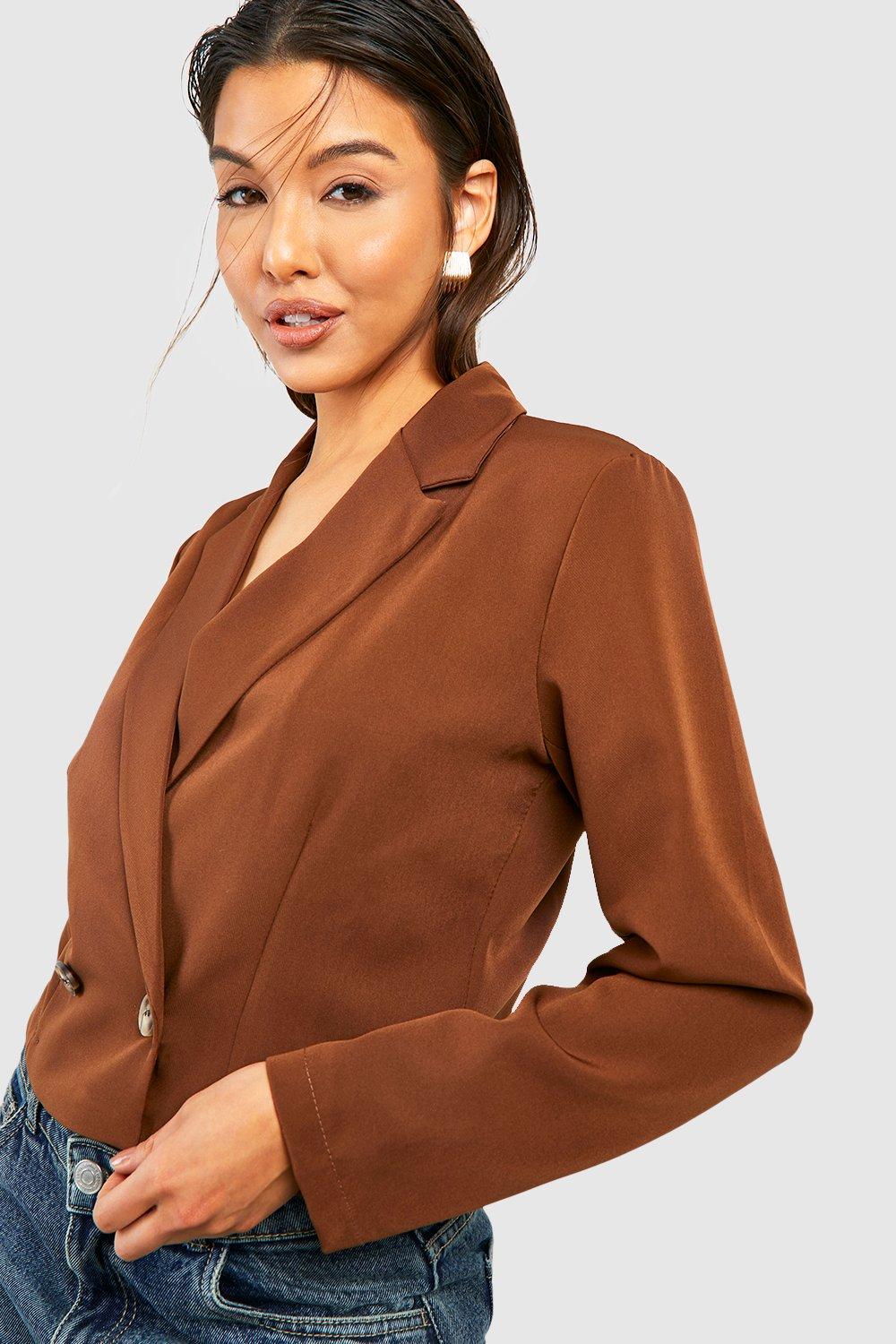 Базовый удлиненный двубортный укороченный пиджак boohoo, коричневый