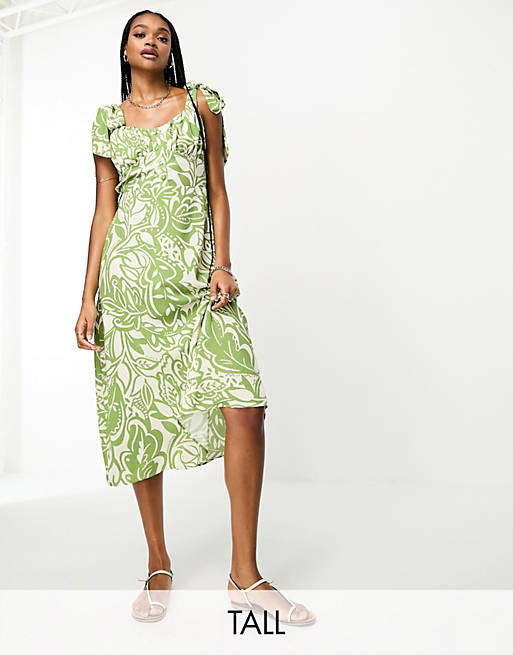 цена Зеленое платье миди с пуговицами и завязками на плечах River Island Tall