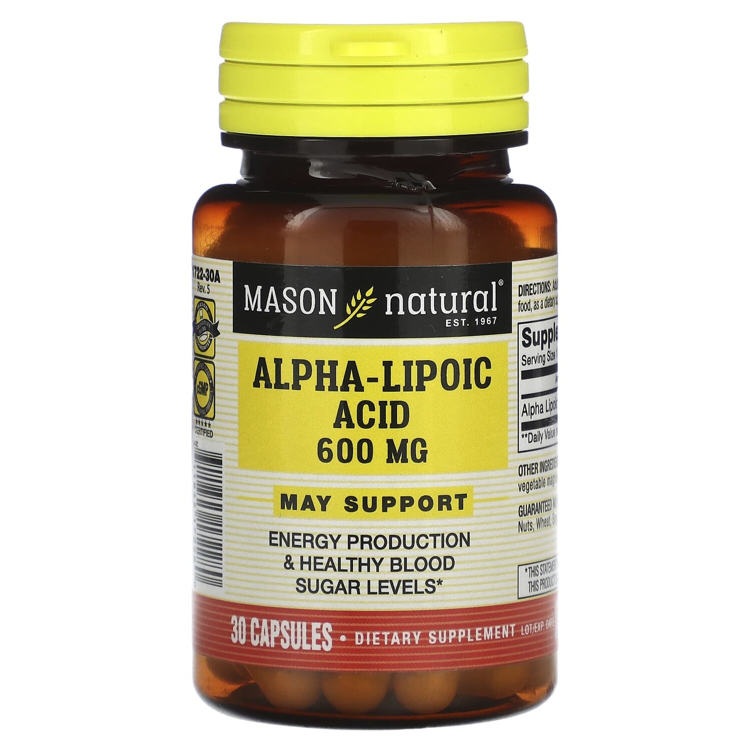 

Альфа-липоевая кислота, 600 мг, 30 капсул, Mason Natural