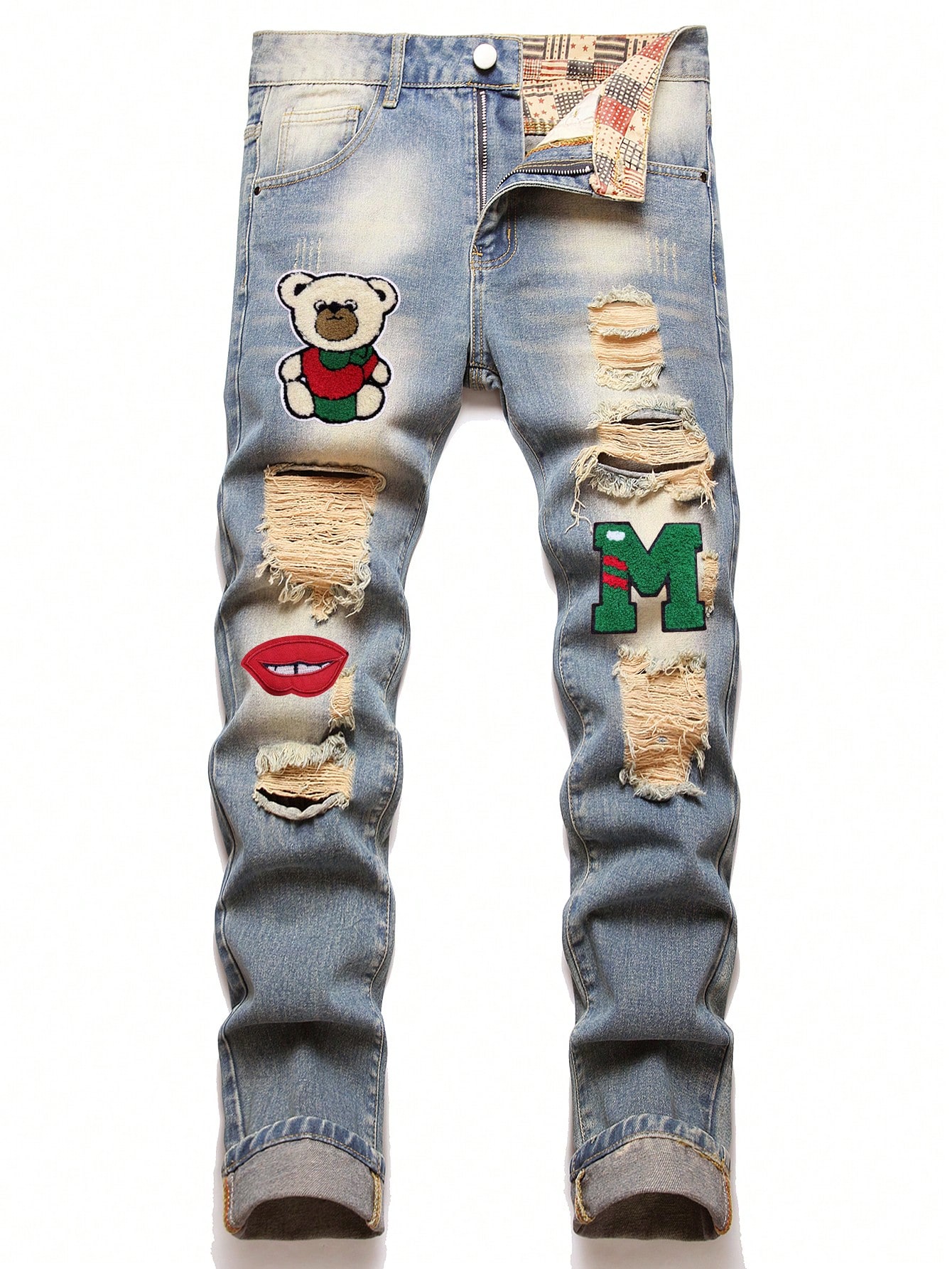 Мужские повседневные джинсы из денима с вышивкой в ​​виде букв и медведей и потертыми деталями, верблюд