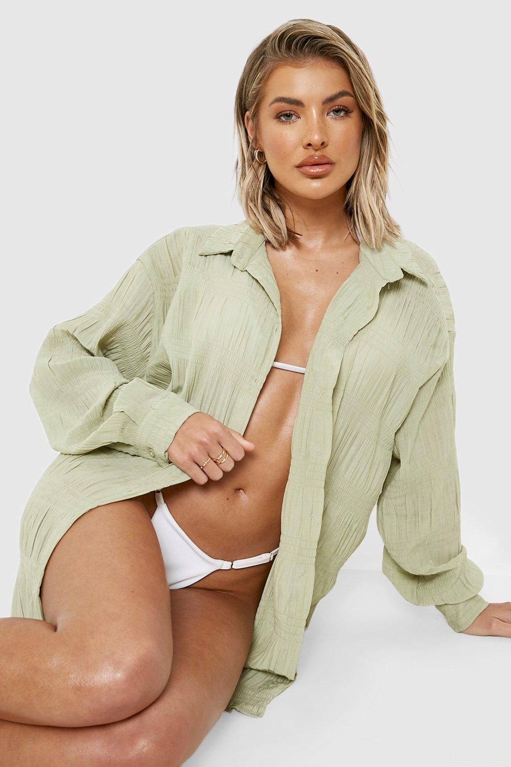 Пляжная рубашка оверсайз с присборенной жаткой boohoo, зеленый