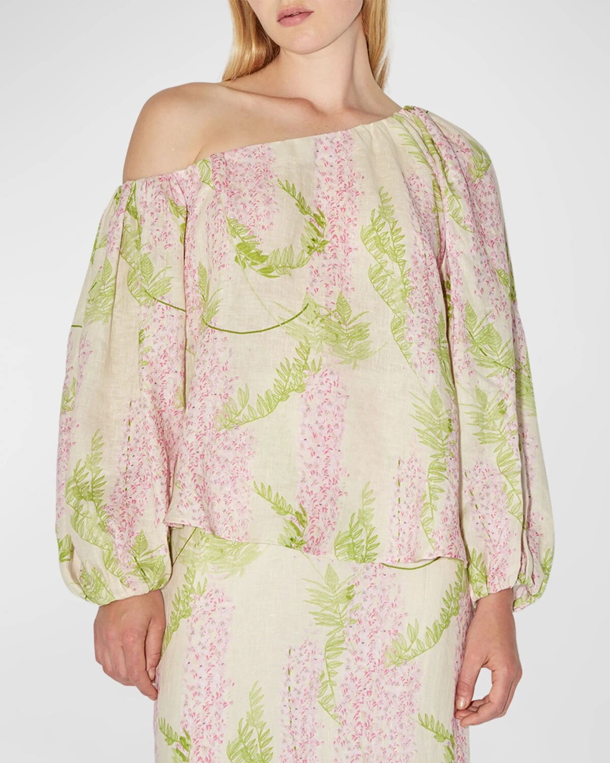 

Льняной топ с открытыми плечами Raquel с цветочным принтом BERNADETTE, цвет Wisteria Small Pink On Beige