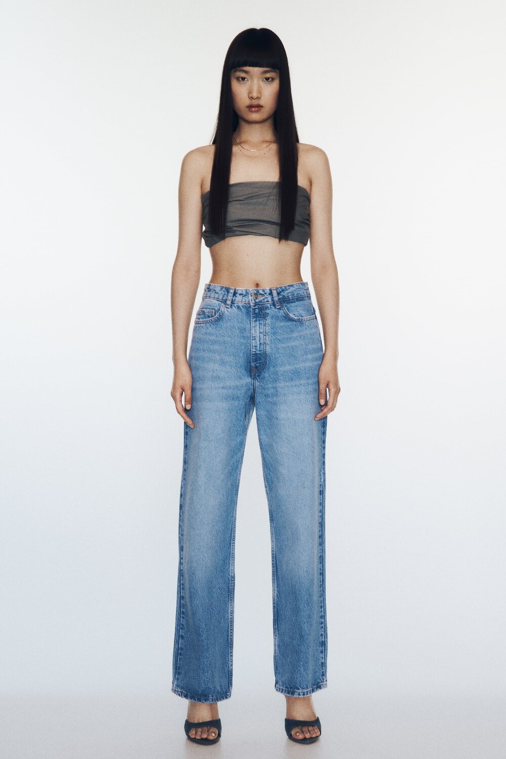 

Джинсы z1975 полная длина, прямые ноги и высокая талия Zara, средне-синий