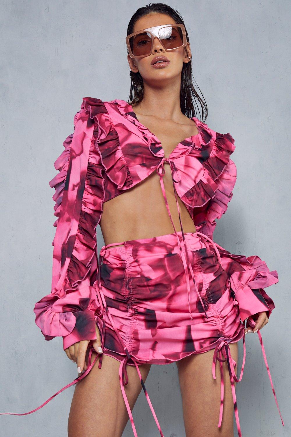 Мини-юбка микро со сборками и абстрактным принтом MISSPAP, розовый