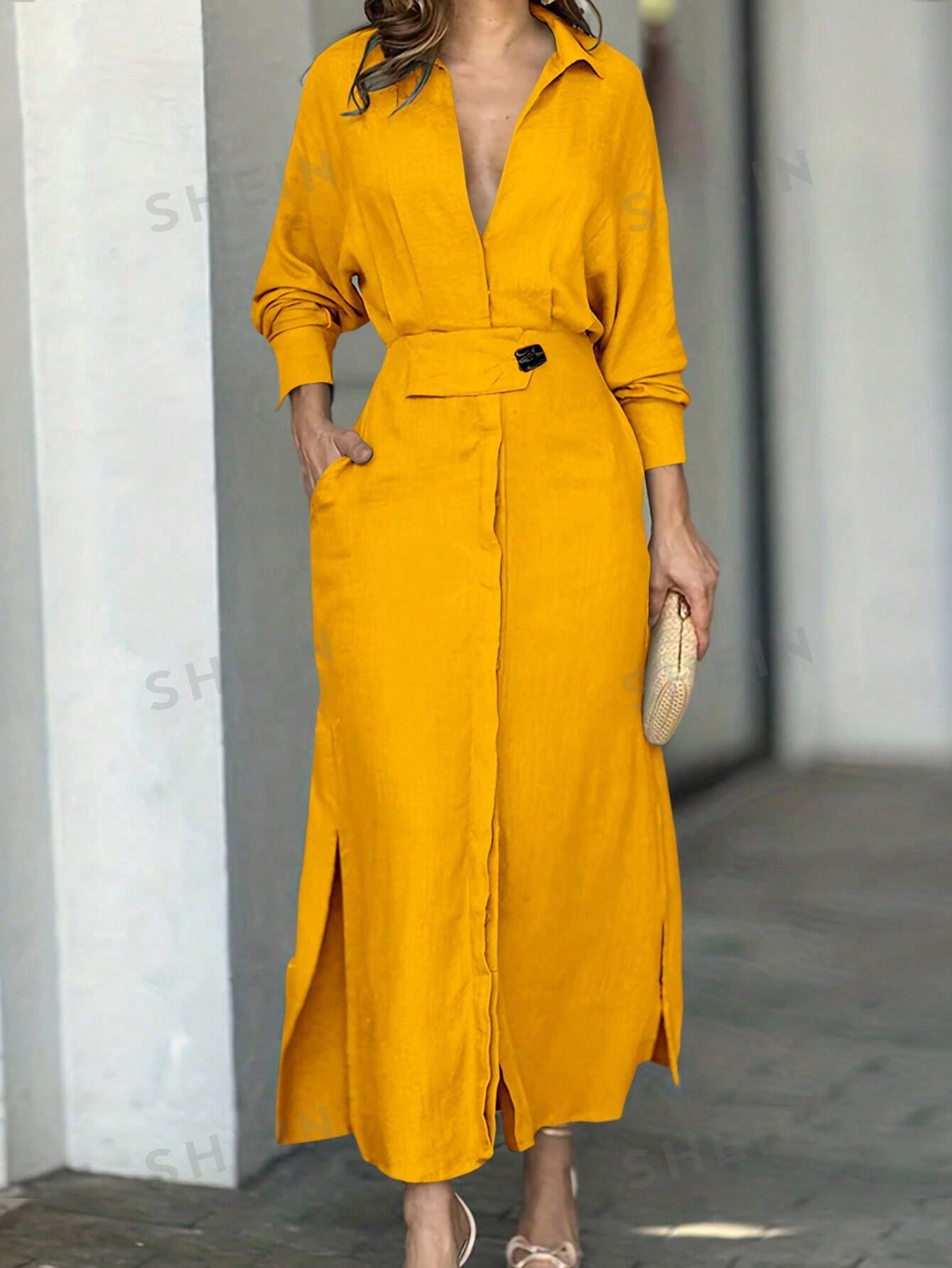 SHEIN Privé Однотонное платье макси с v-образным вырезом, горчично-желтый