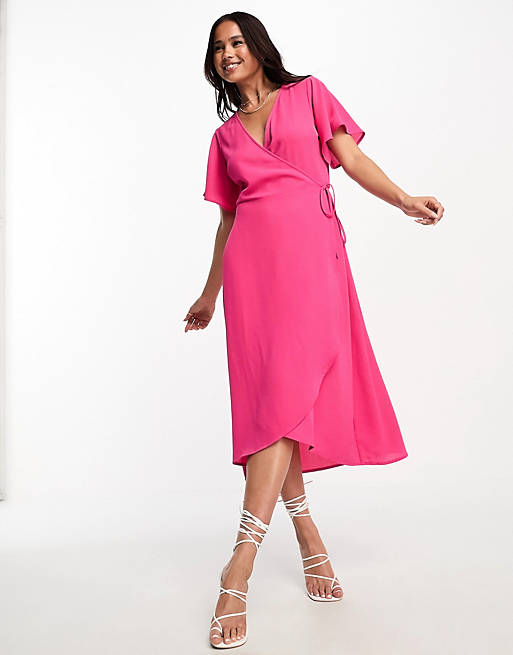 Розовое платье миди с запахом и развевающимися рукавами Vero Moda