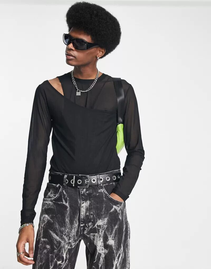 

Узкое боди из многослойной черной сетки с вырезом и длинными рукавами ASOS