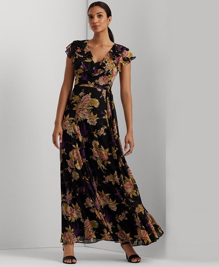 

Женское платье из жатого жоржета с оборками Lauren Ralph Lauren, черный