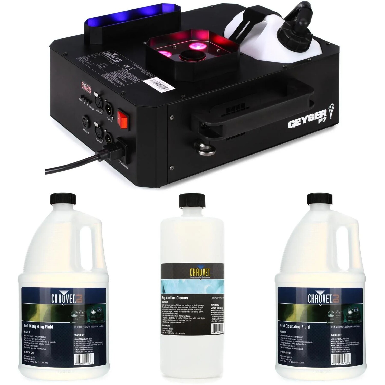 

Chauvet DJ Geyser P7 7-LED RGBA+UV Вертикальный туман-генератор, комплект предметов первой необходимости