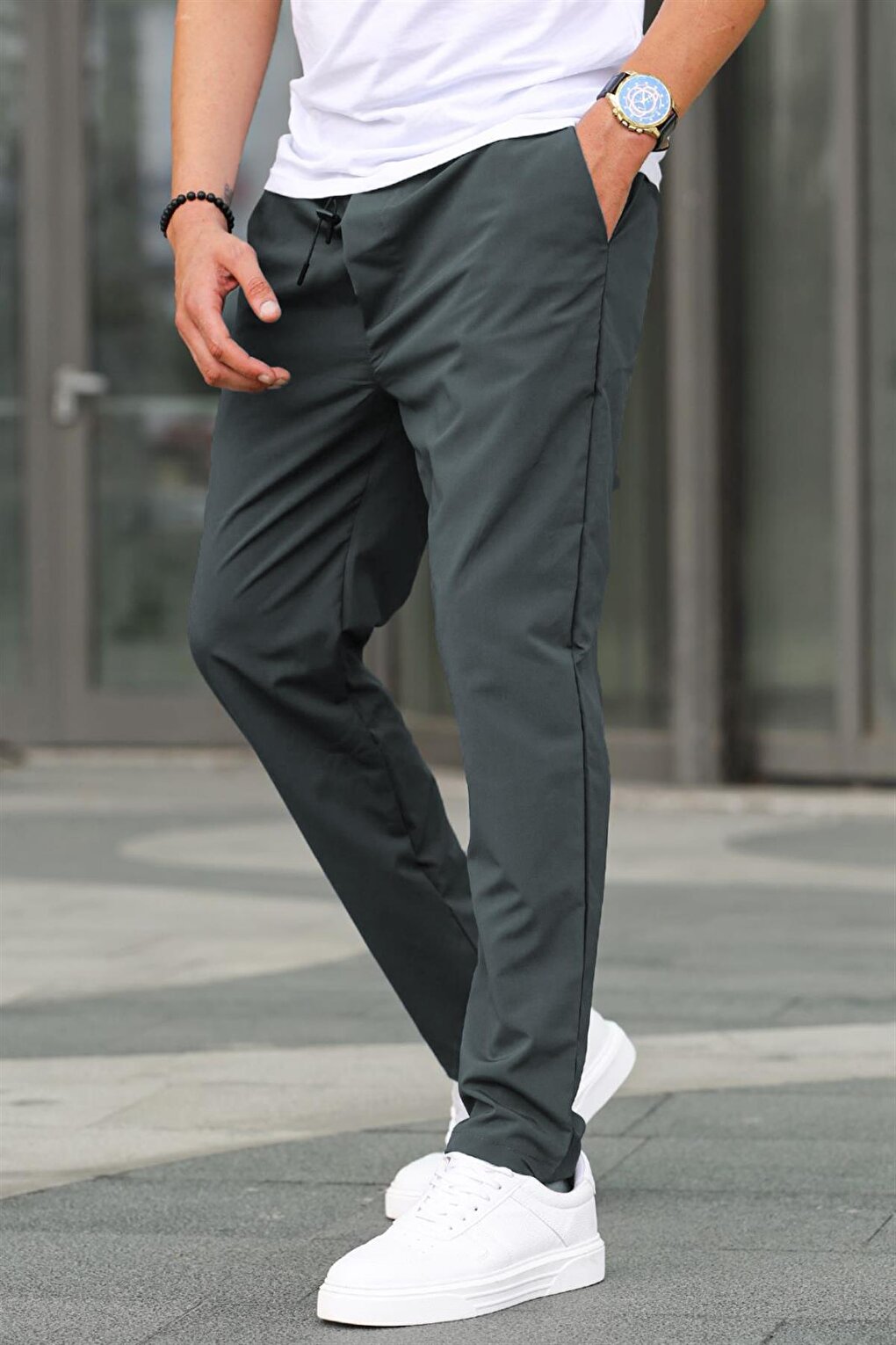 Черные базовые мужские брюки из вафельной ткани 6513 MADMEXT, антрацит базовые брюки из мягкой ткани zara коричневый