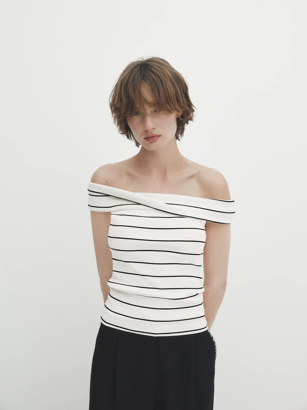 

Топ в полоску с вырезом лодочка Massimo Dutti, кремовый