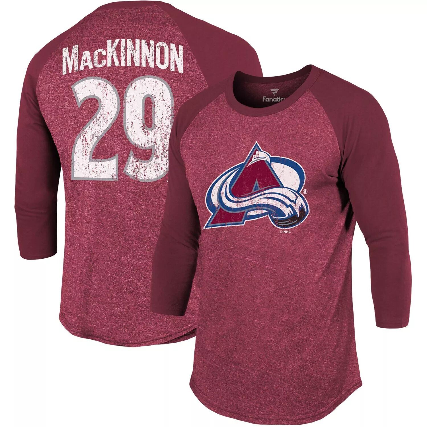 

Мужская брендовая футболка Nathan MacKinnon бордового цвета Colorado Avalanche с именем и номером, футболка из трехслойного реглан с рукавами 3/4 Fanatics, Красный