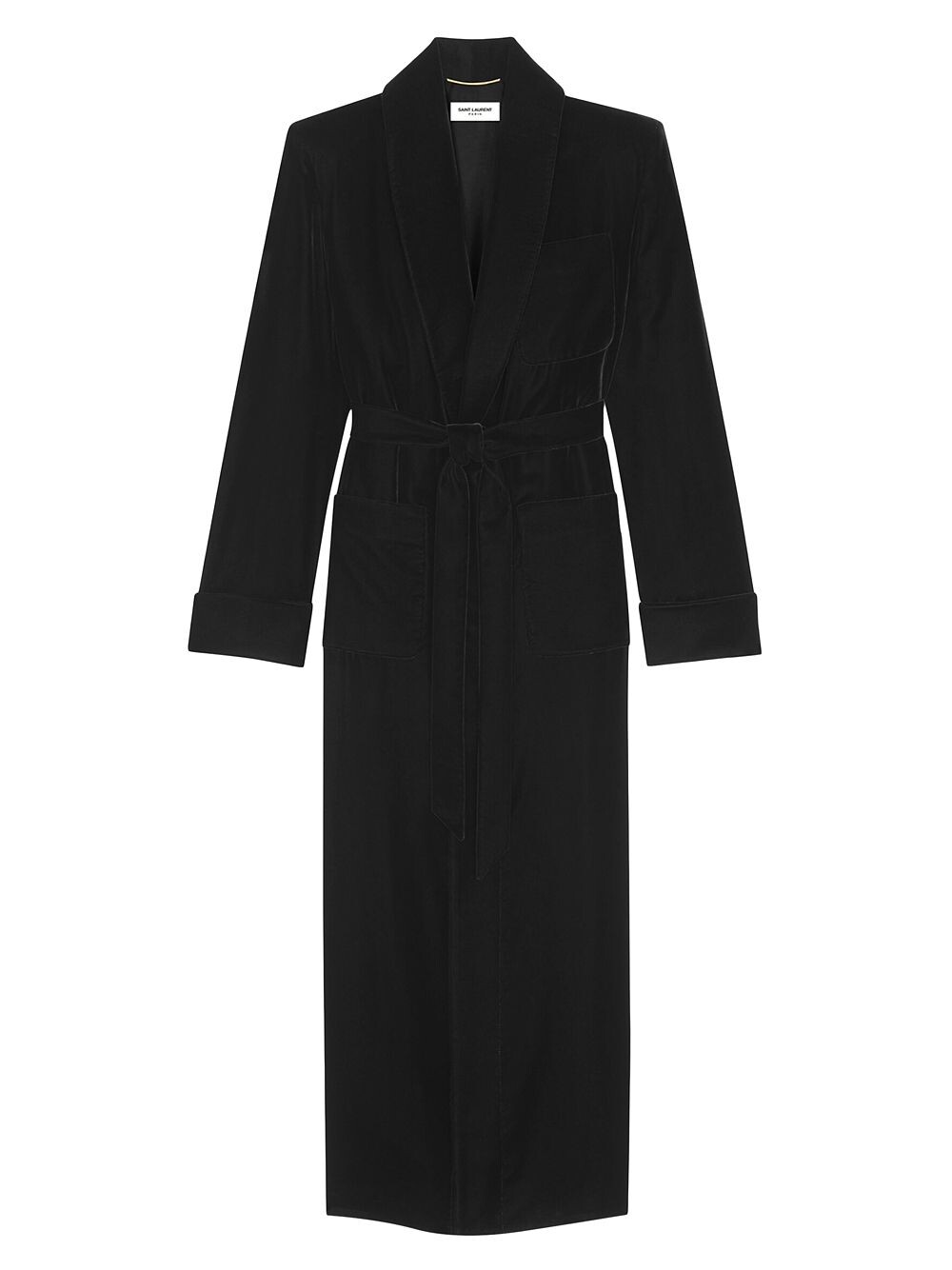 

Длинное бархатное пальто с поясом из купро Saint Laurent, Черный